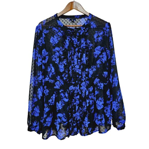 Torrid Chiffon Clip Dot Ruffle Front Top Floral Blue Plus Size 2 Romantic Gothic - Picture 2 of 6